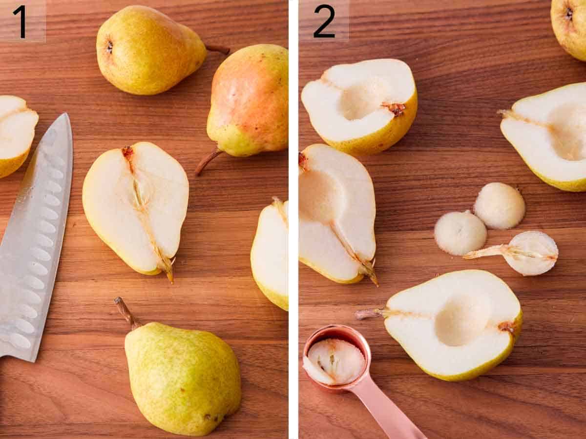 Set of two photos showing pears cut and cored scooped out.