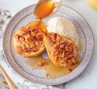 Pinterest graphic of a plate with two baked pears and a scoop of ice cream with syrup drizzled on top.