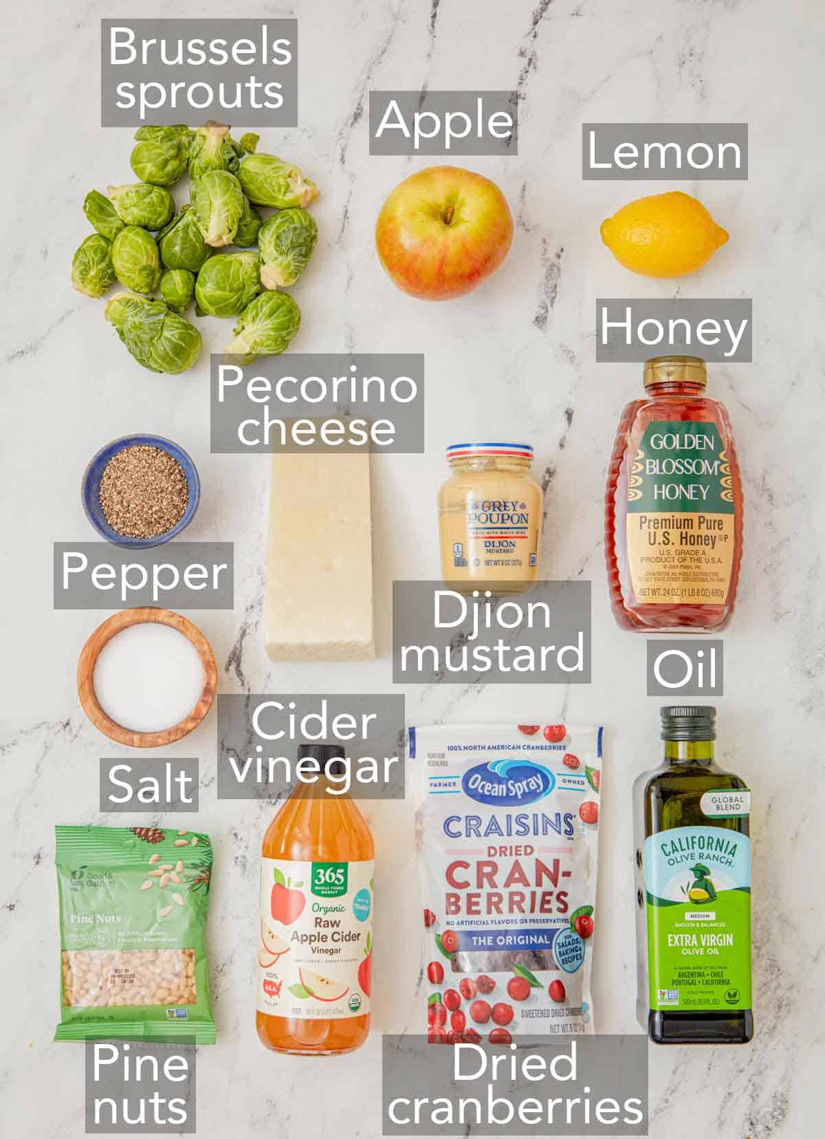 Ingredients needed to make Brussels sprout salad.