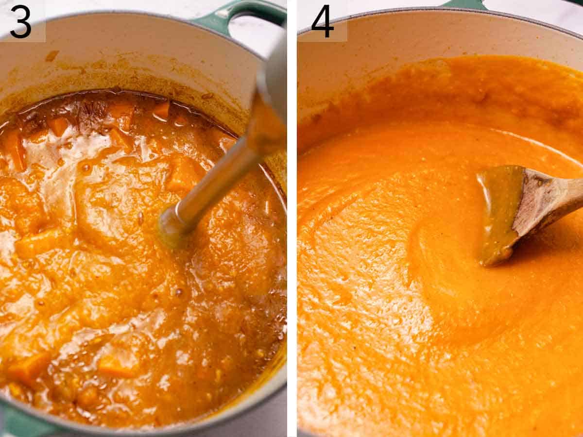 Set of two photos showing an immersion blender blending up the pot's ingredients until smooth.