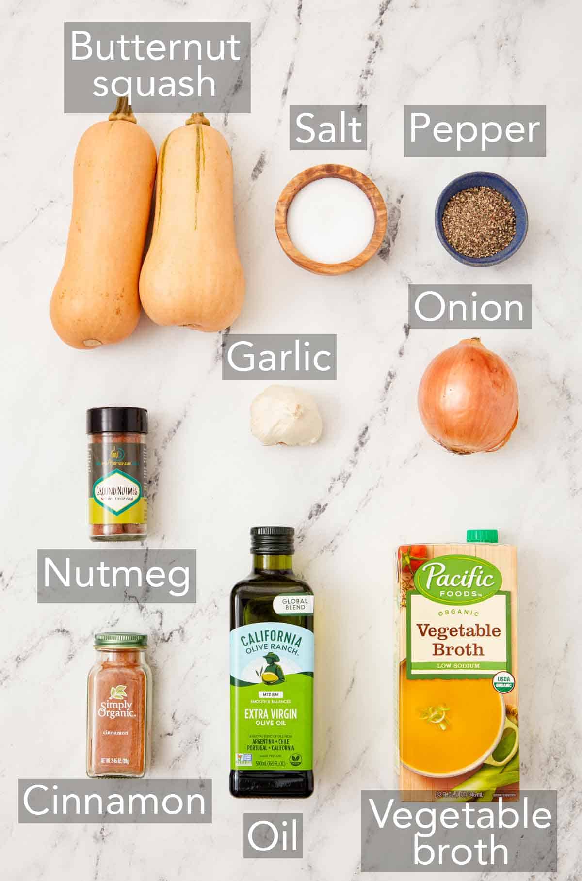 Ingredients needed to make butternut squash soup.