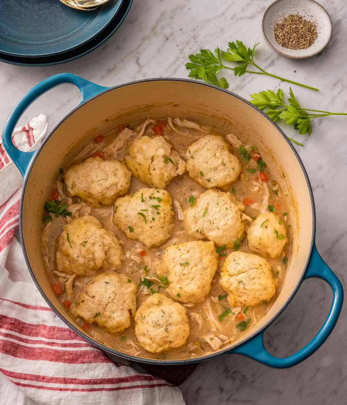 Overhead view of a dutch oven with chicken and dumplings with fresh cilantro on the side and some pepper.