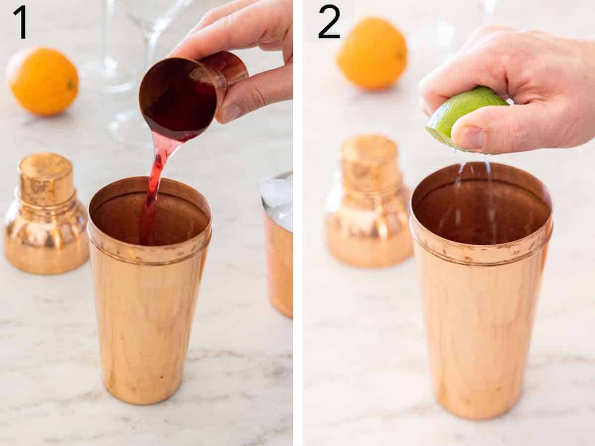 Set of two photos showing cranberry juice added to a shake and fresh lime squeezed in.