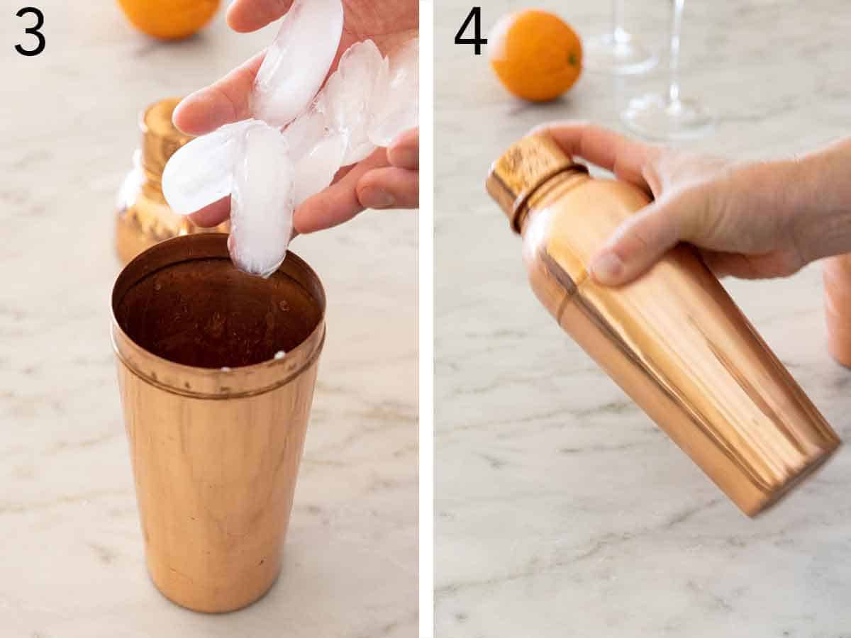 Set of two photos showing ice added to a shaker and shook.