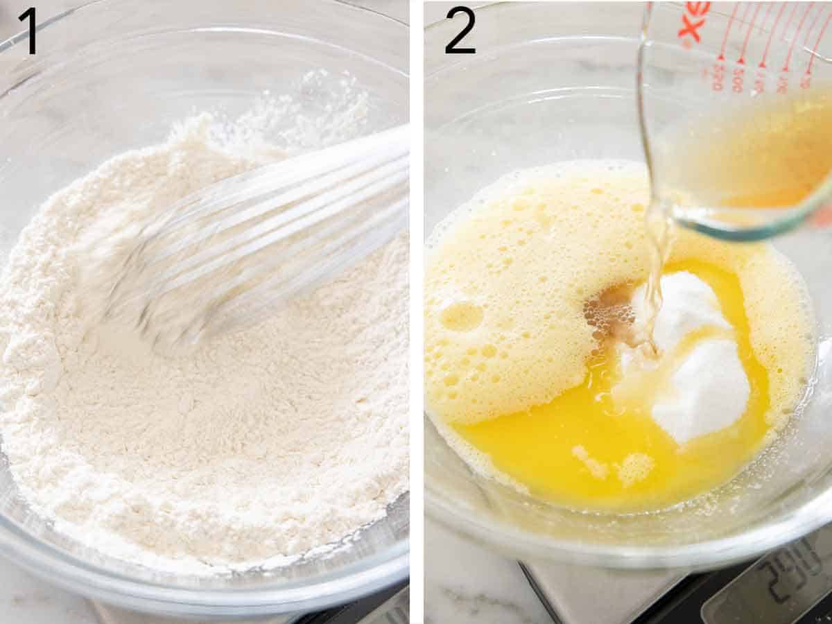 Set of two photos showing dry ingredients whisked and wet ingredients combined.