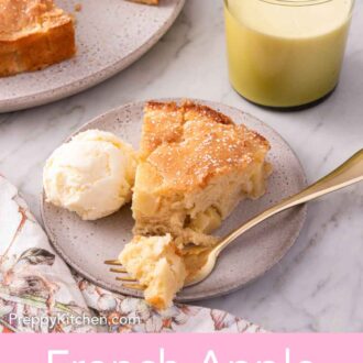 Pinterest graphic of a slice of French apple cake with a forkful in front, with a scoop of ice cream on the side.