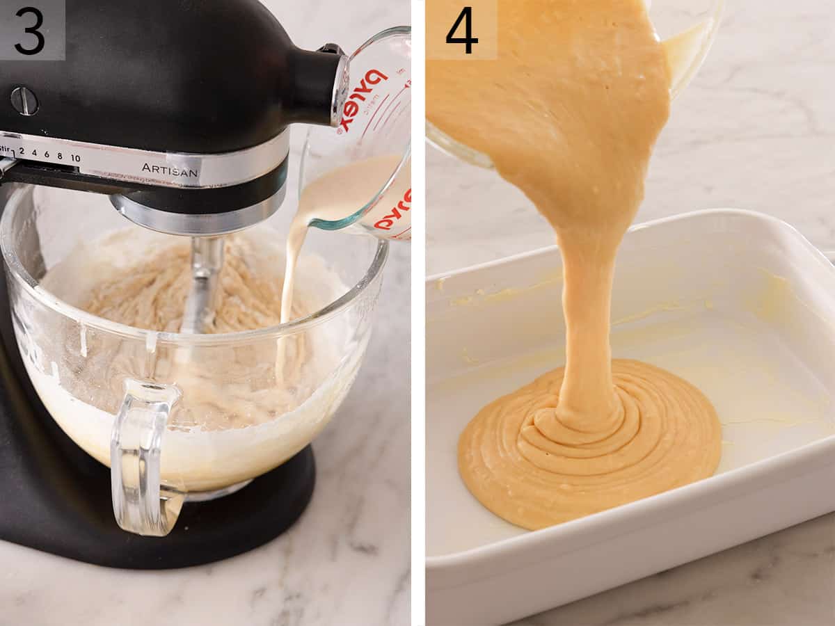 Peanut Butter Tres Leches Cake batter getting poured into a baking dish.