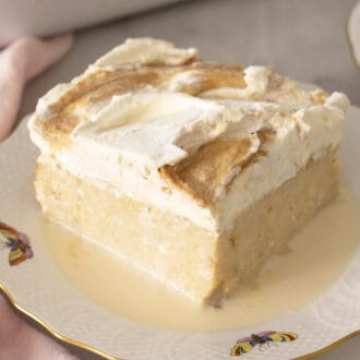 A piece of peanut butter flavored tres leches cake on a plate.