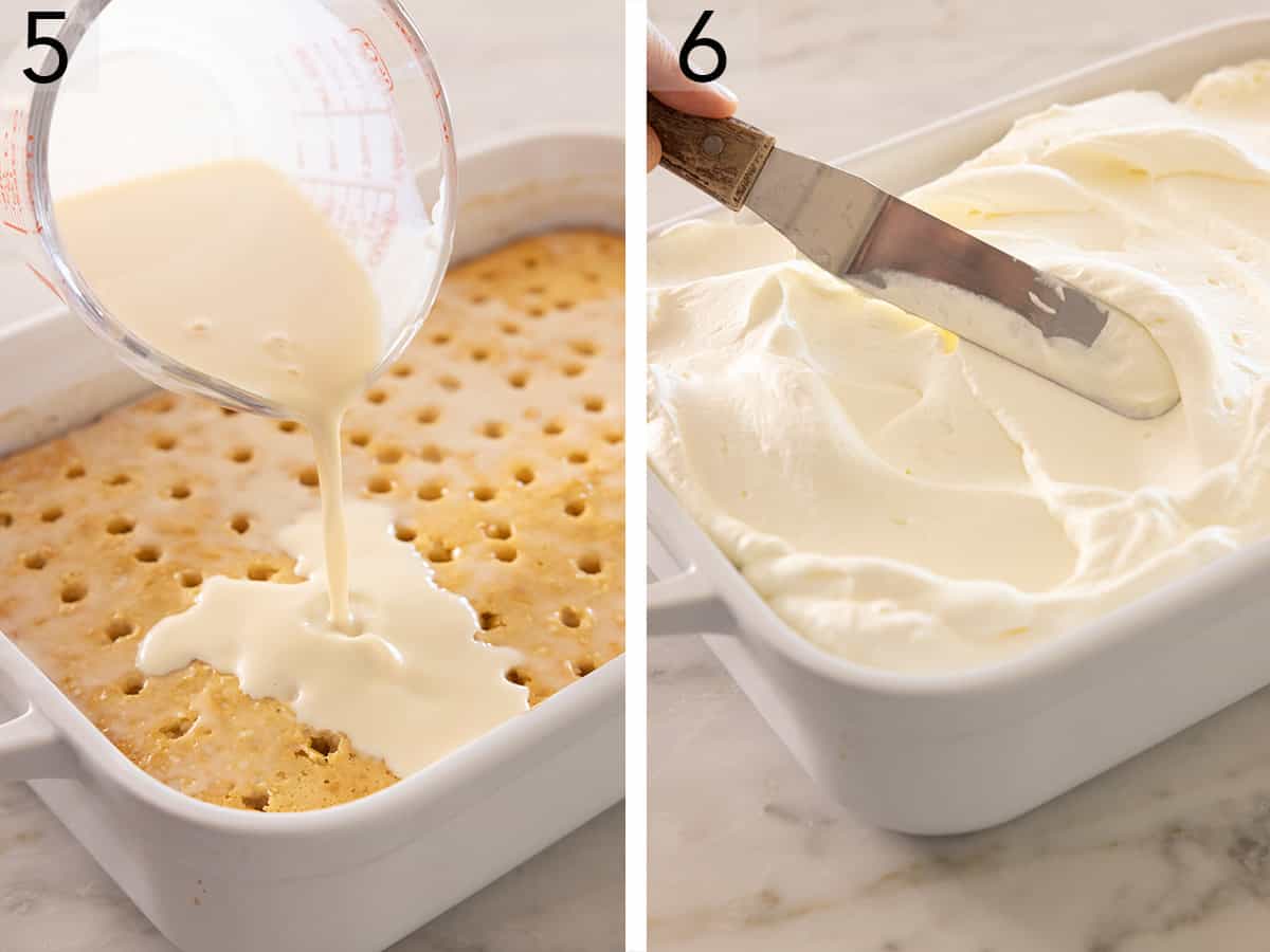 Tres Leches mixture getting poured onto a cake which is then covered in whipped cream. 