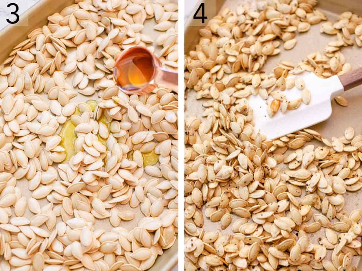 Set of two photos showing oil poured onto the seeds and stirred.