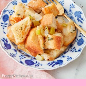 Pinterest graphic of a plate of stuffing with a fork in the plate.