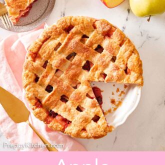 Pinterest graphic of an overhead view of a apple cranberry pie with one slice cut out and plated.
