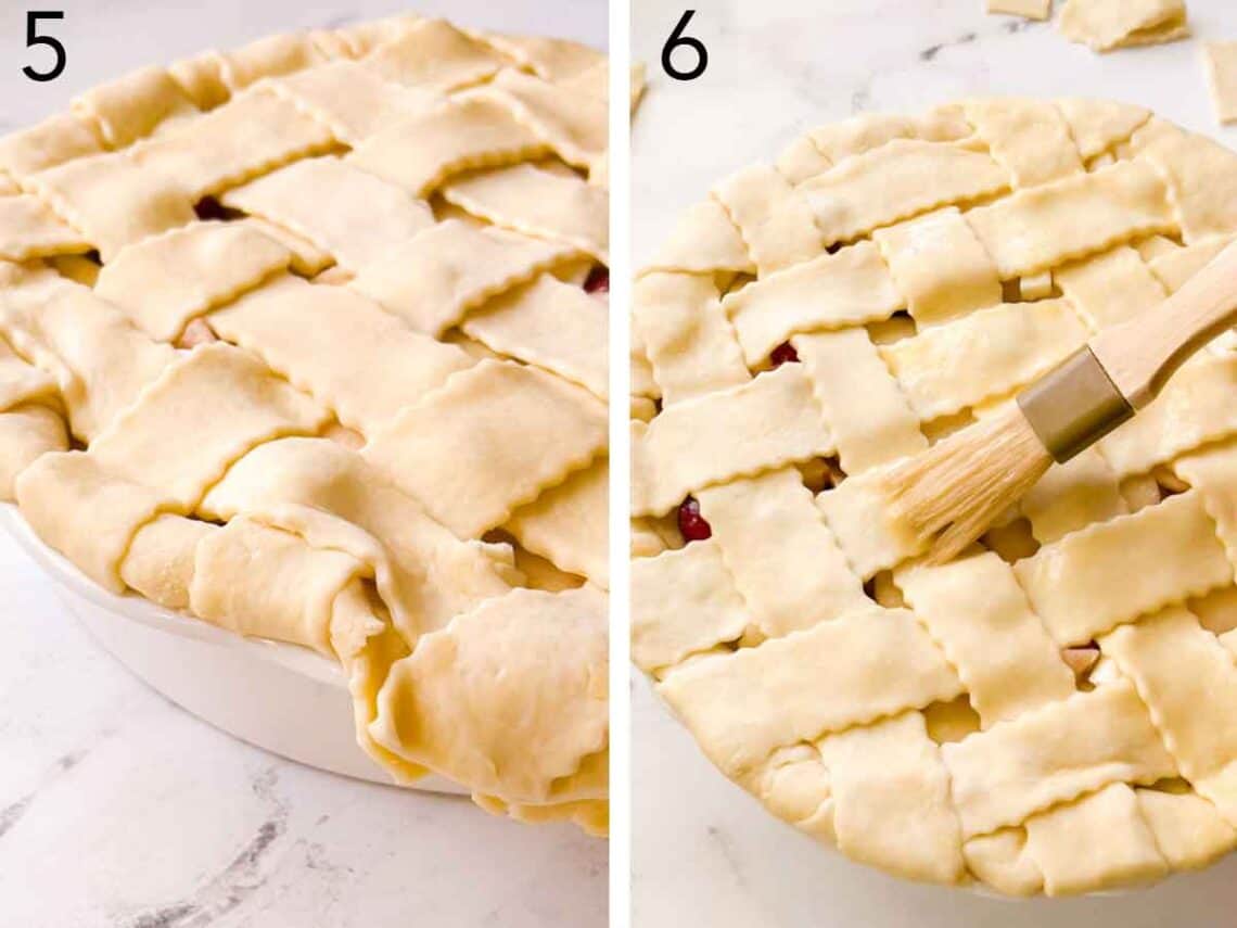 Set of two photos showing the edge of the pie tucked into the baking dish and brushed with egg wash.