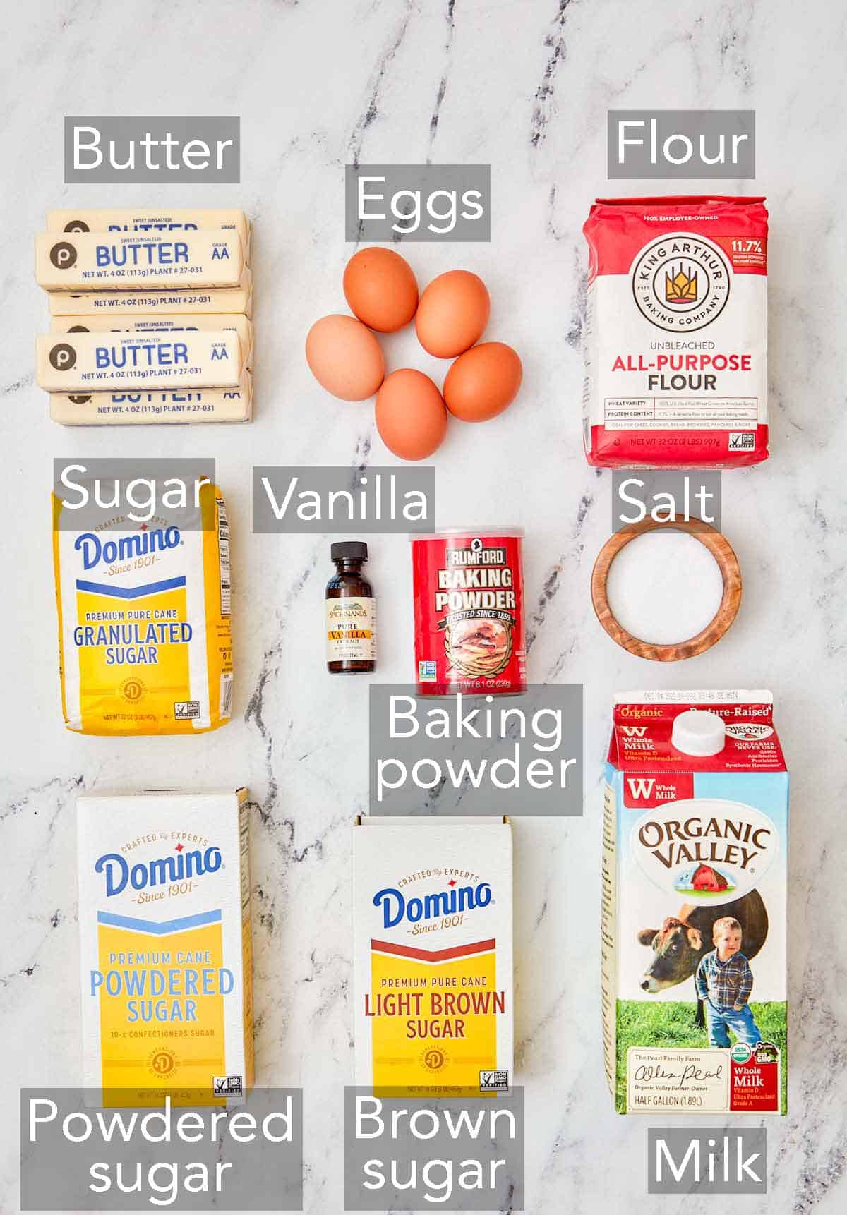 Ingredients needed to make caramel cake.