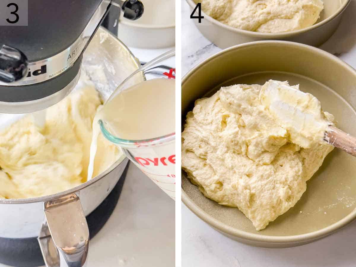 Set of two photos showing milk added to a mixer and batter spread into a circular baking pan.