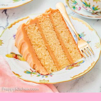 Pinterest graphic of a plate with a slice of caramel cake with a fork on the plate and a coffee in the background.