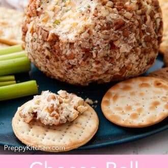 Pinterest graphic of a close up view of a cheese ball coated in pecans with a portion of the cheese spread onto a cracker.