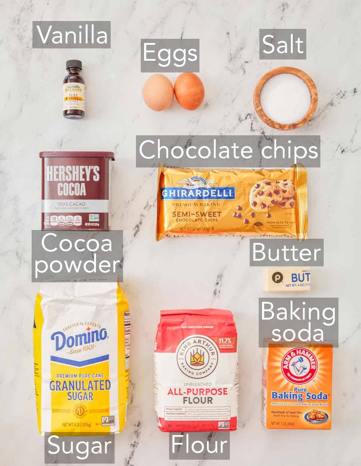 Ingredients needed to make chocolate biscotti.