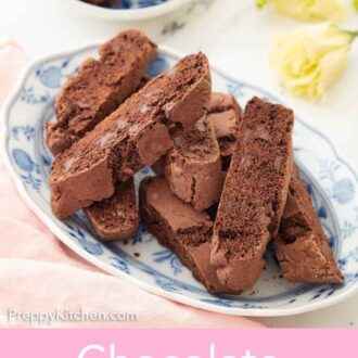 Pinterest graphic of an oval platter of chocolate biscotti.