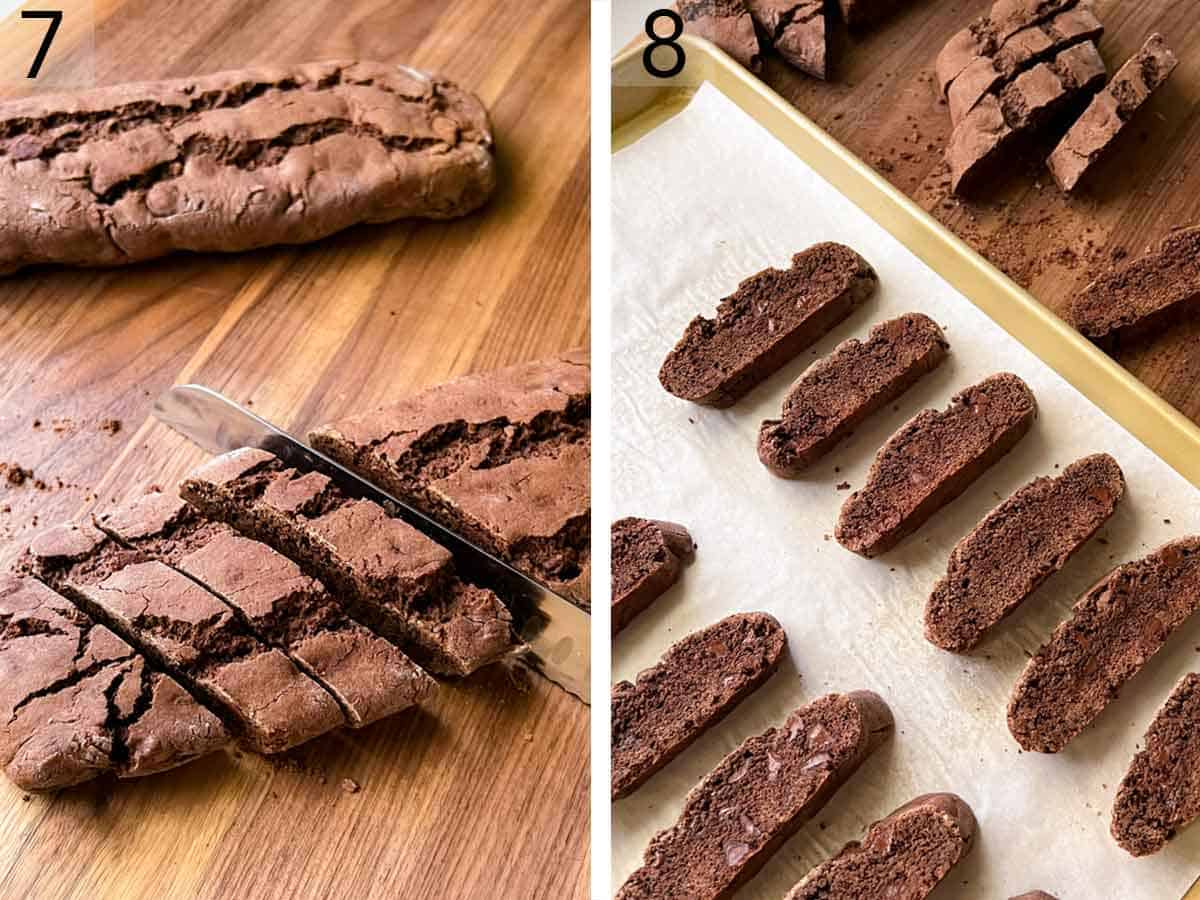 Set of two photos showing the baked biscotti sliced and placed on a lined sheet pan.