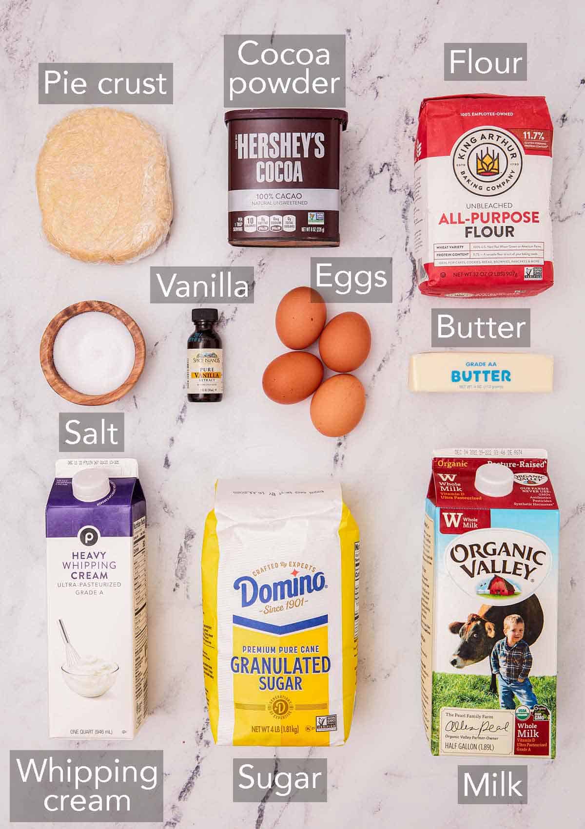 Ingredients needed to make chocolate pie.