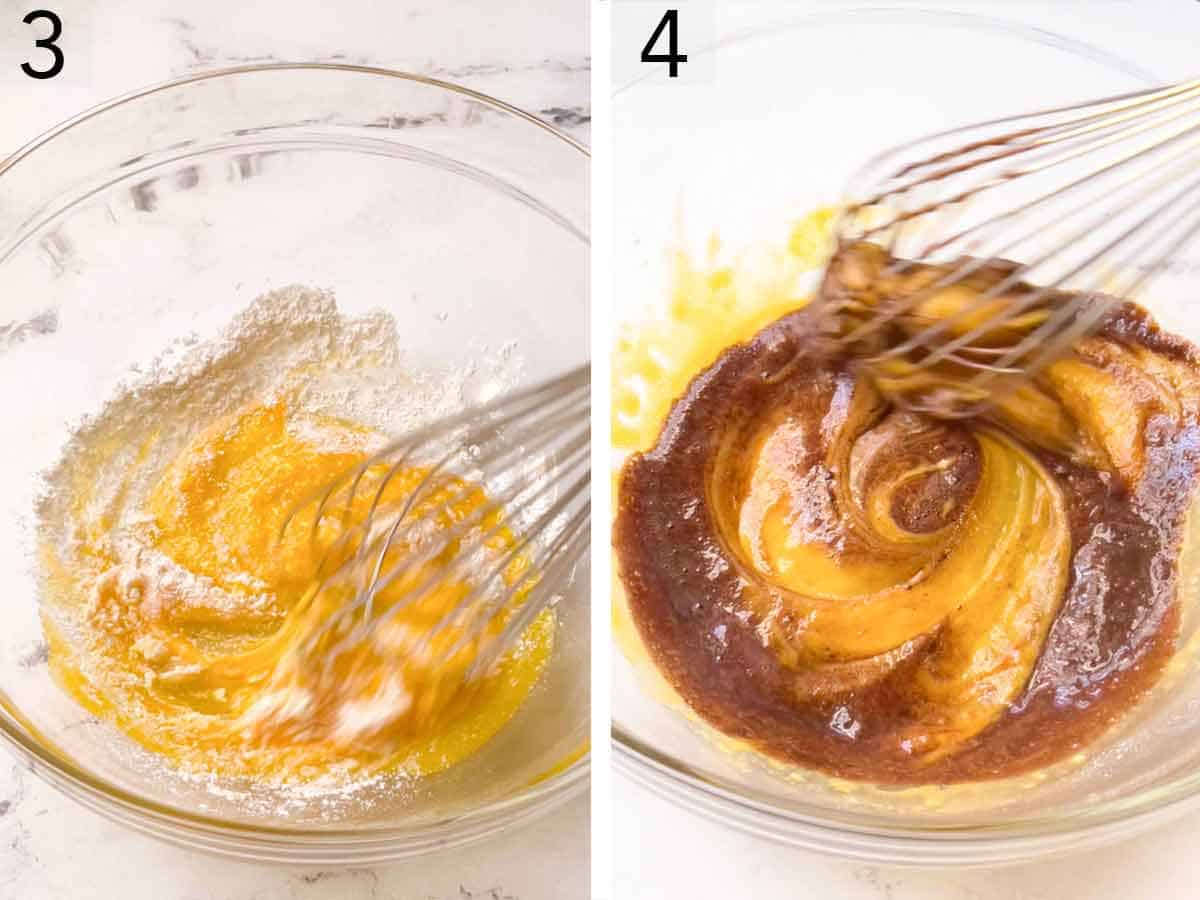 Set of two photos showing egg mixture whisked together and chocolate milk mixture whisked in.