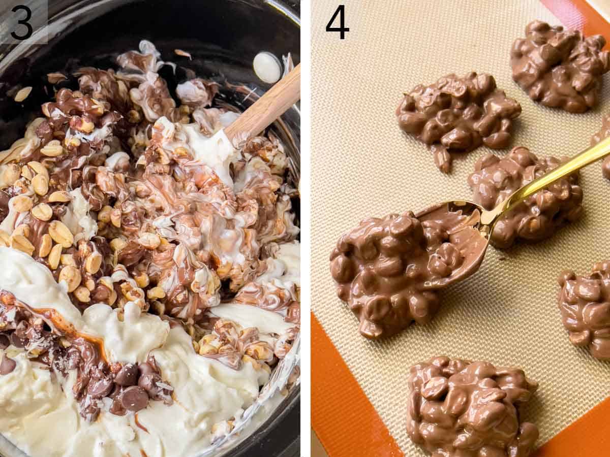 Set of two photos showing melted chocolate mixed then spooned on a lined baking sheet.