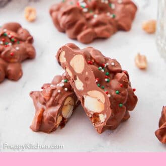 Pinterest graphic of a piece of crockpot candy cut in half, showing how the inside looks.