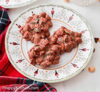Pinterest graphic of a plate with three crockpot candies with sprinkles on them.