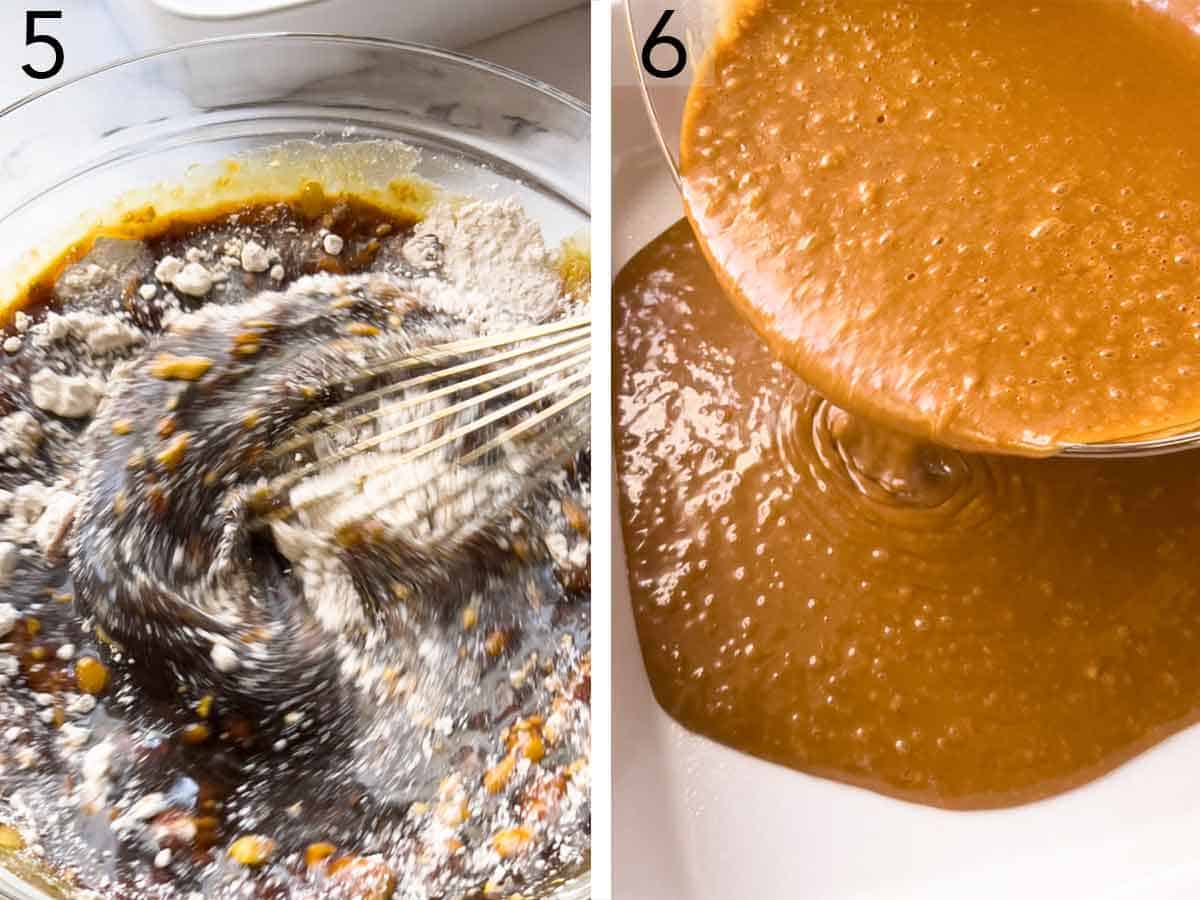 Set of two photos showing batter whisked together and poured into a baking dish.