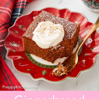 Pinterest graphic of a plate with a square slice of gingerbread cake with a fork on the side and the corner eaten.