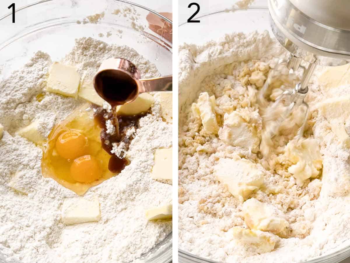 Set of two photos showing batter ingredients added to a bowl and mixed.