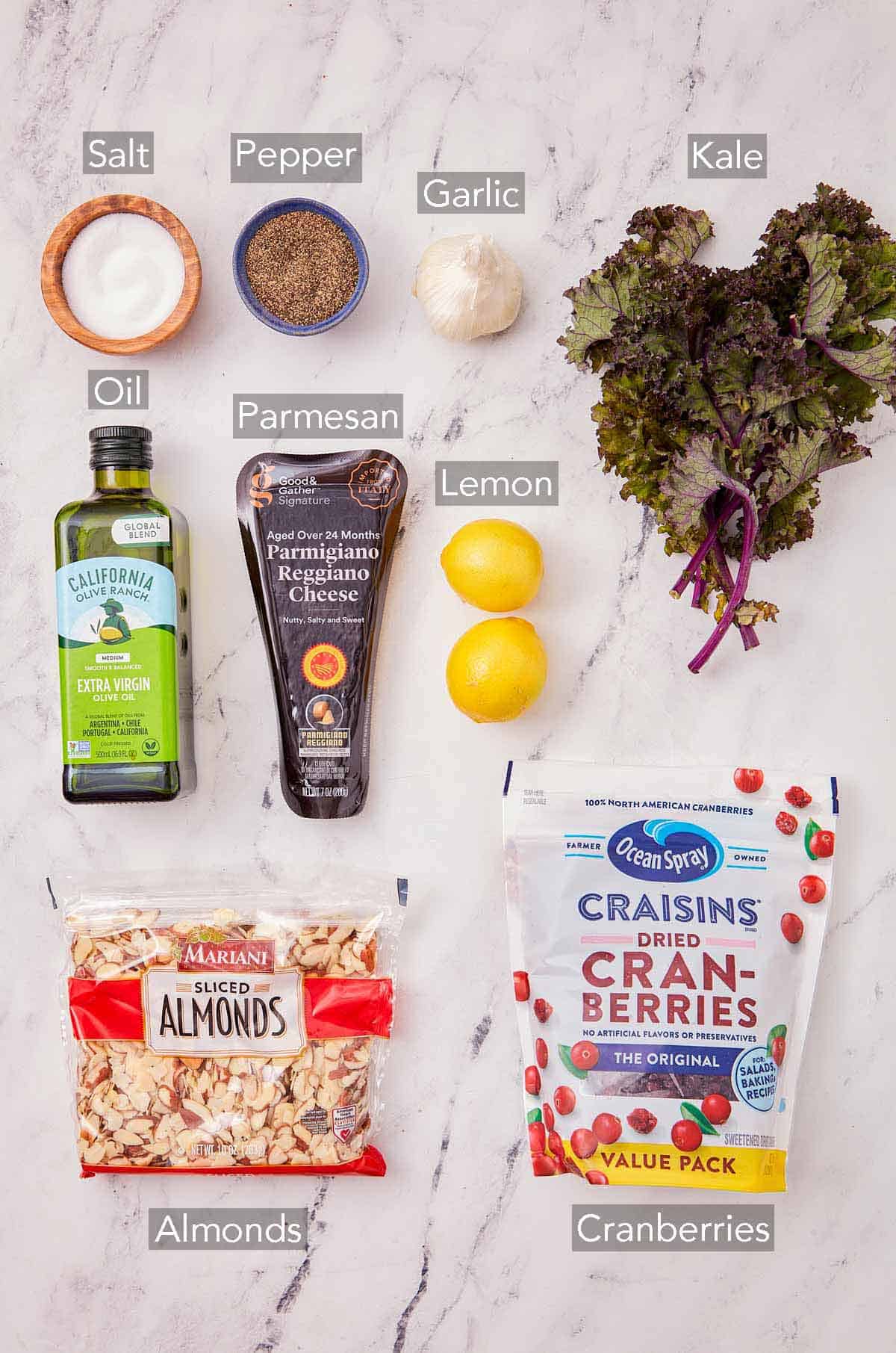 Ingredients needed to make kale salad.