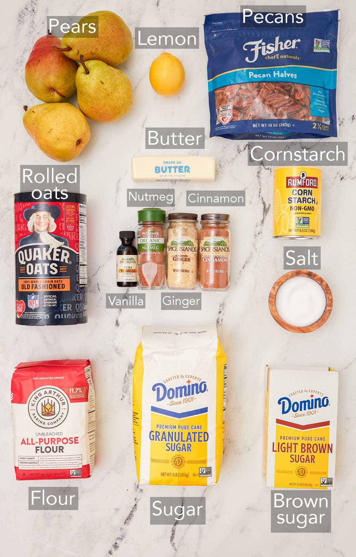 Ingredients needed to make pear crisp.