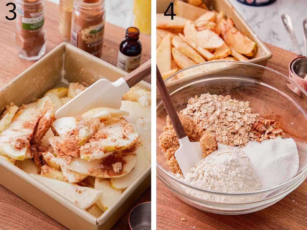 Set of two photos showing ingredients in the baking pan mixed together and topping ingredients mixed in a bowl.