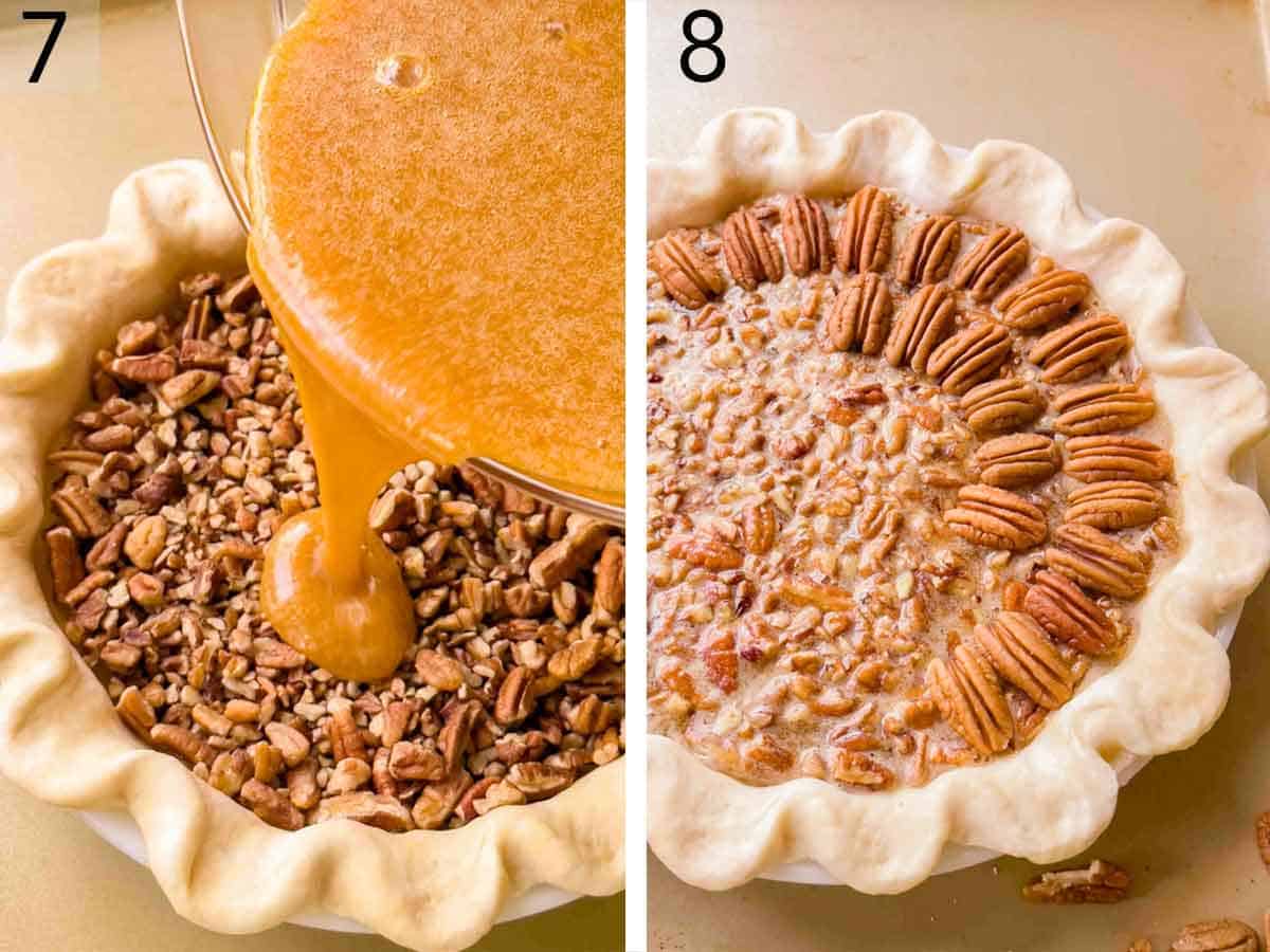 Set of two photos showing liquid mixture poured in a pie crust with pecans then pecan halves placed on top.