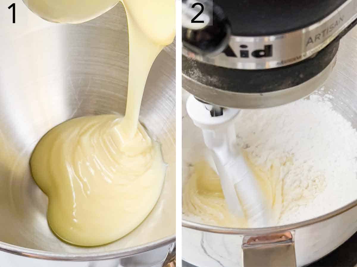 Set of two photos showing condensed milk and powdered sugar mixed together.