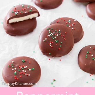 Pinterest graphic of multiple peppermint patties with green, white, and red round sprinkles on top.