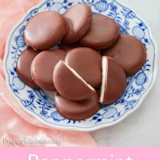Pinterest graphic of a plate of peppermint patties with one cut in half.