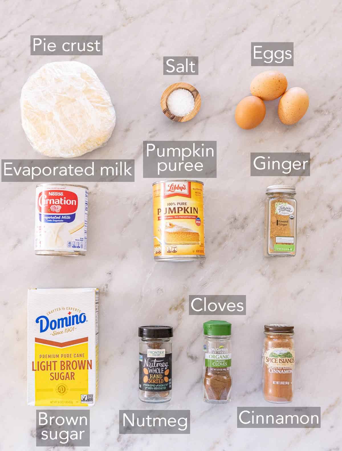 Ingredients needed to make pumpkin pie.