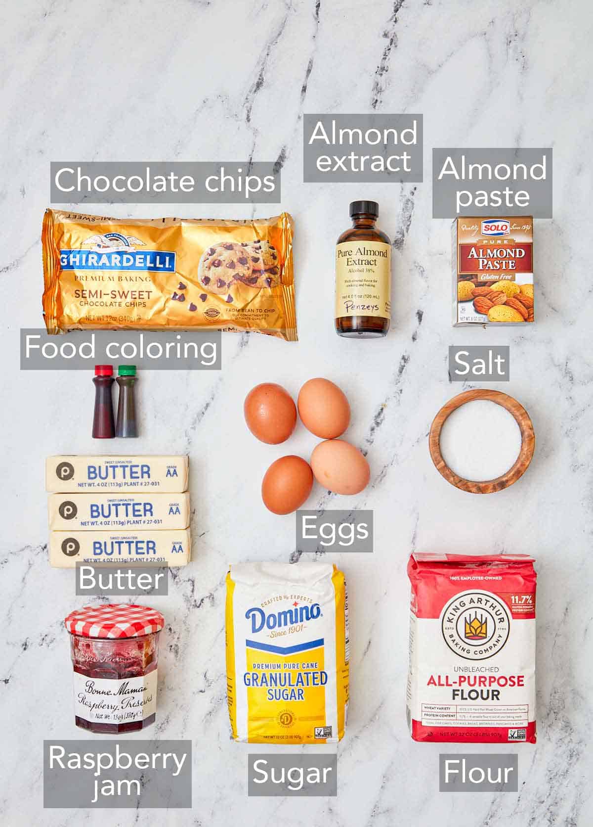 Ingredients needed to make rainbow cookies.