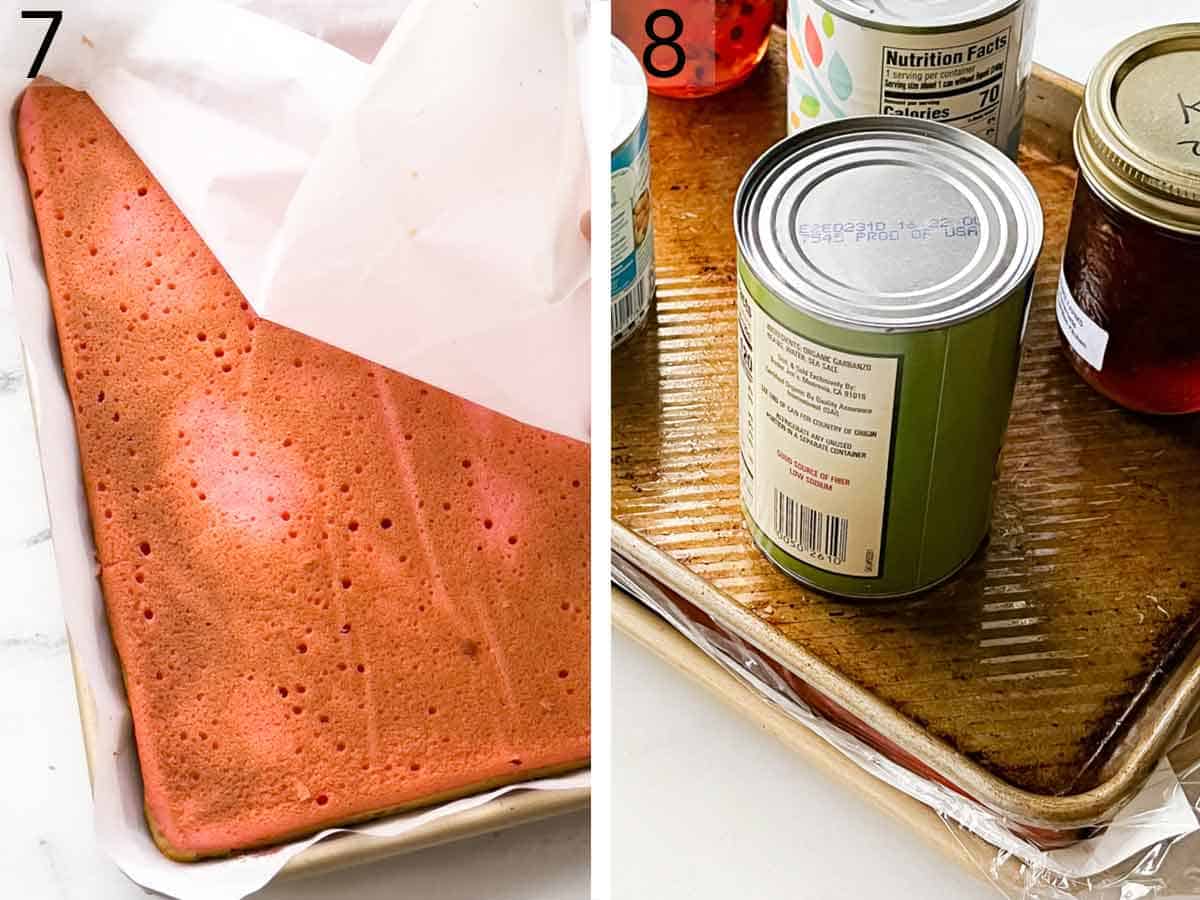 Set of two photos showing the pink cake layer placed on top of the other layers and pressed down with cans.