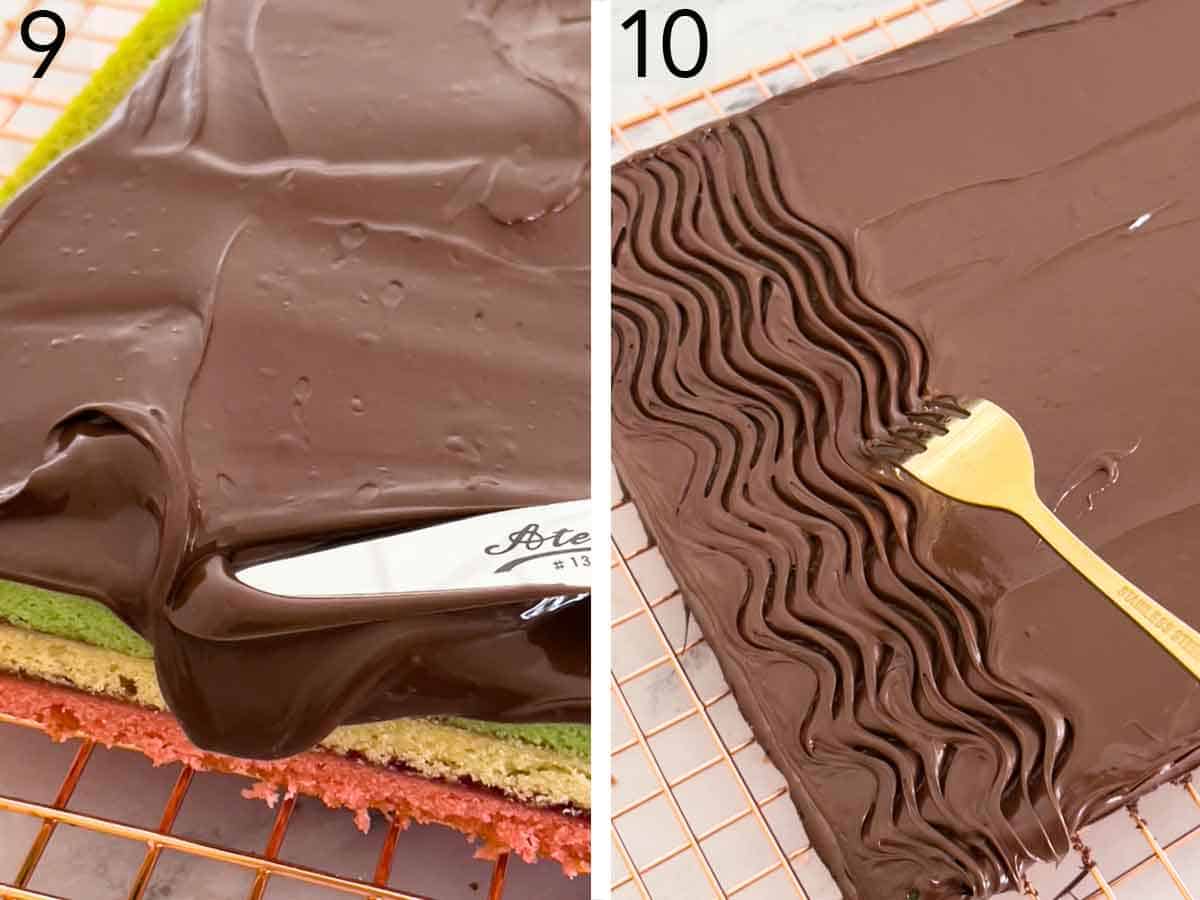 Set of two photos showing melted chocolate spread over the cake and a design drawn on with a fork.