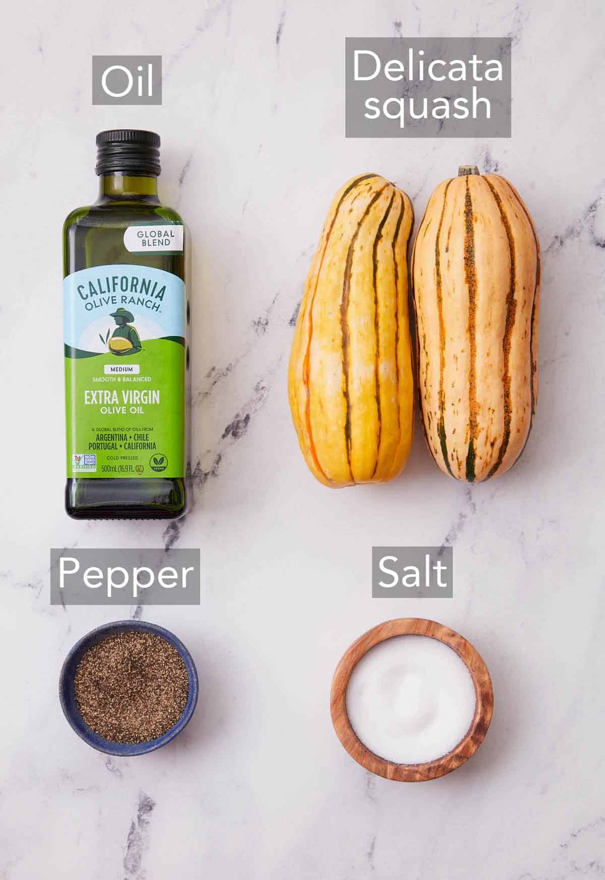 Ingredients needed to make roasted delicata squash.