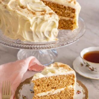 Pinterest graphic of a slice of spice cake on a plate in front of a cake stand holding the rest of the cake.