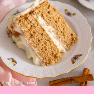 Pinterest graphic of a slice of spice cake on a plate.