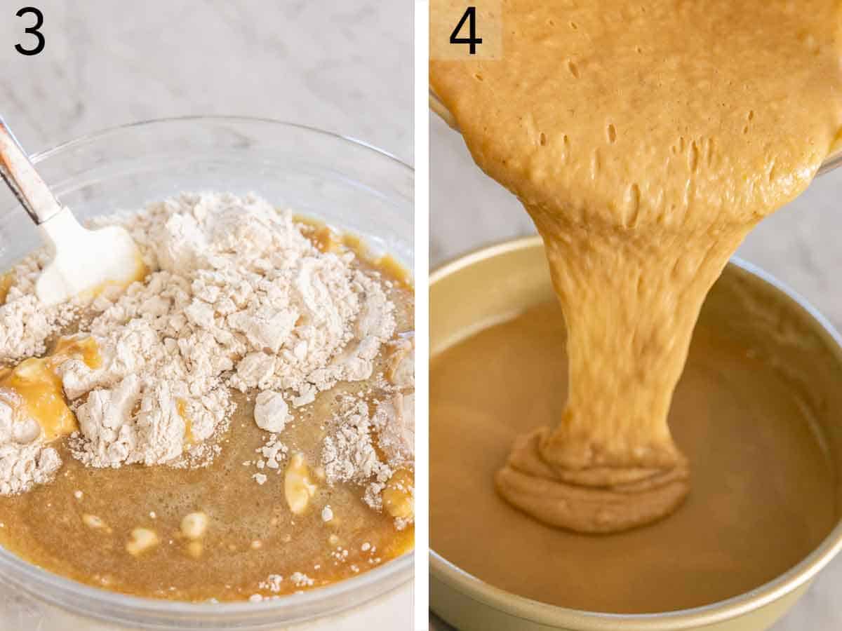 Set of two photos showing wet and dry ingredients mixed and poured into a pan.