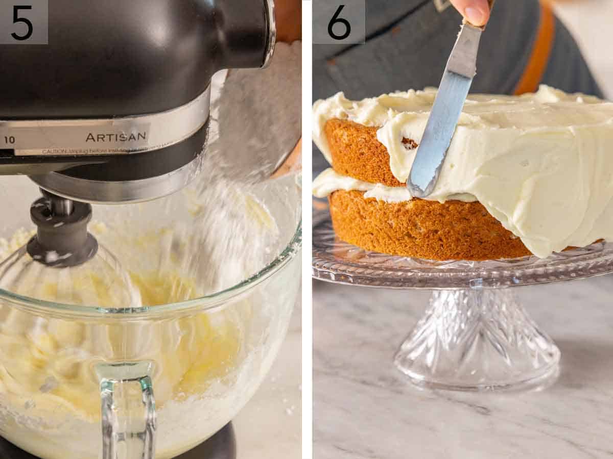 Set of two photos showing cream cheese frosting mixed and spread onto the cake.