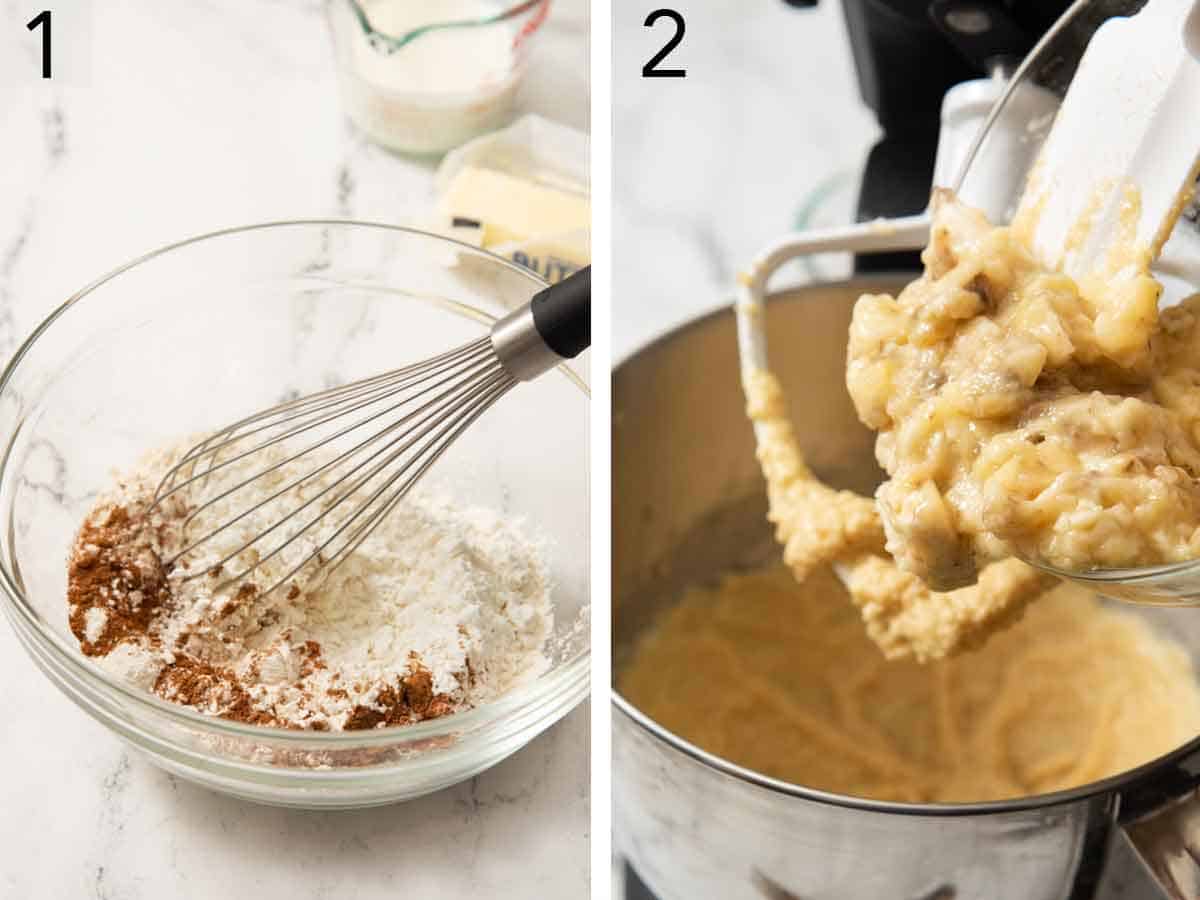 Set of two photos showing dry ingredients whisked together and butter creamed.