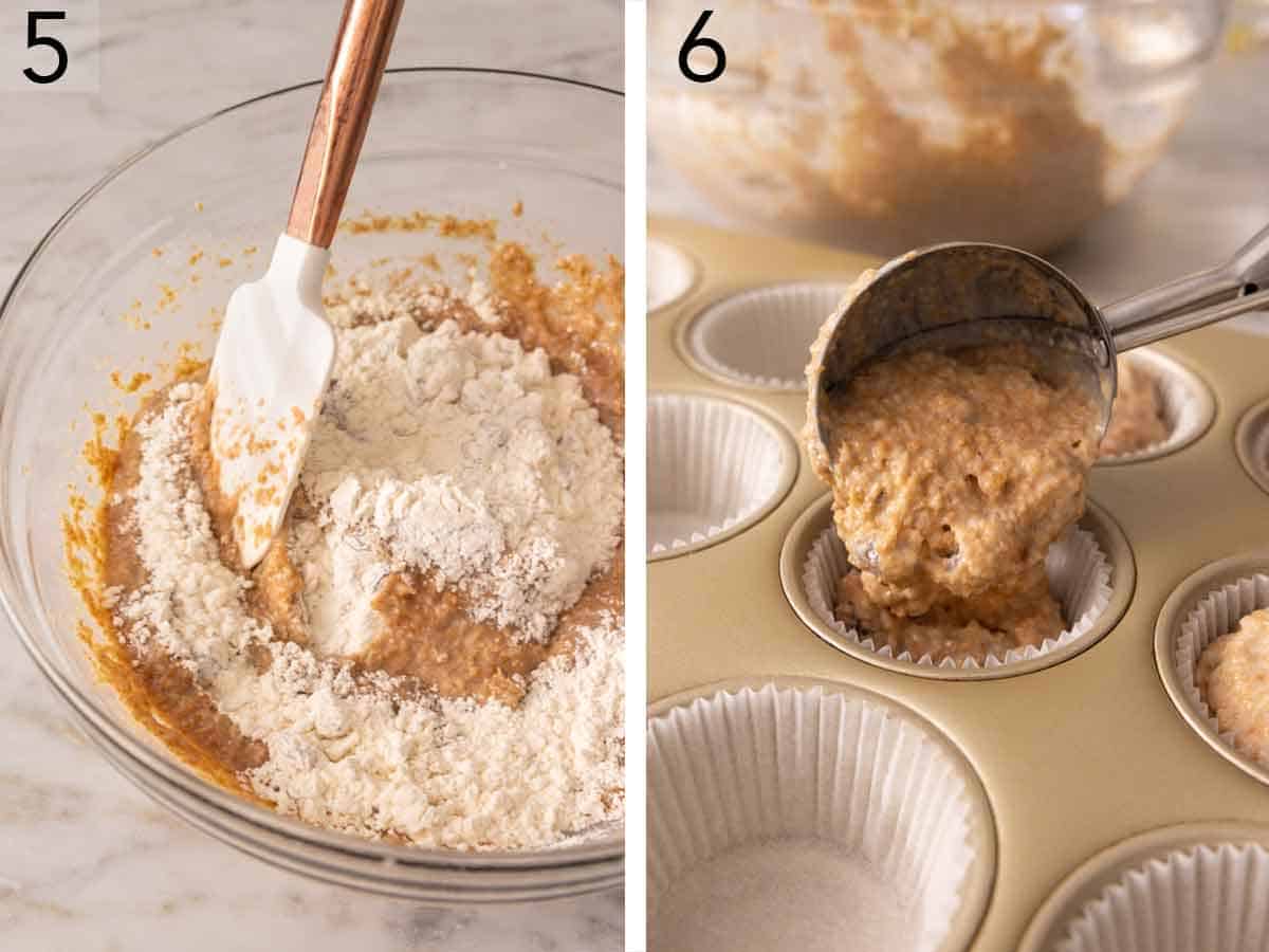 Set of two photos showing batter mixed together and scooped into paper liners.